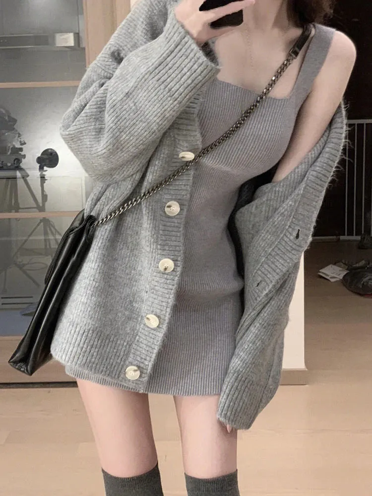 Girlary Gray 2 Piece Dress Set Women Casual Long Sleeve Cardigan   Bodycon Strap Sweater Dress Evening Party Knitted Suit