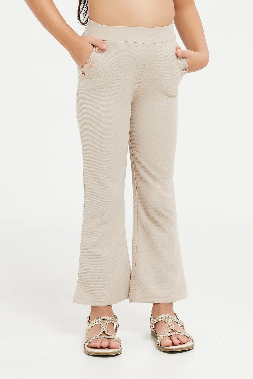 Girls Beige Flared Trouser With Buttons