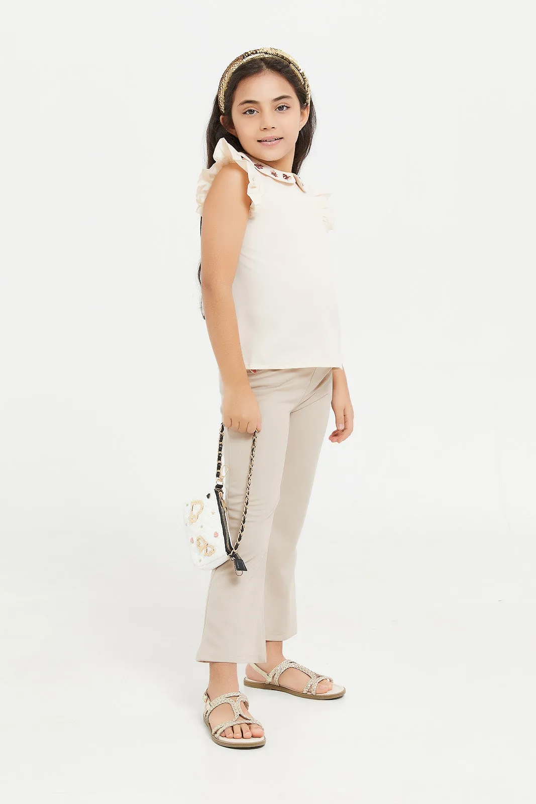 Girls Beige Flared Trouser With Buttons