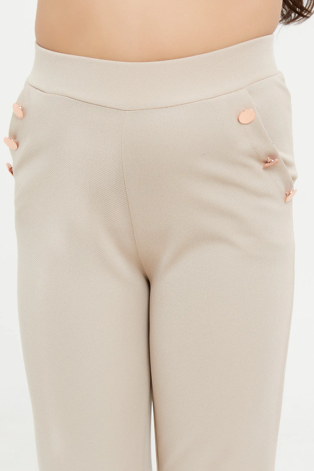 Girls Beige Flared Trouser With Buttons