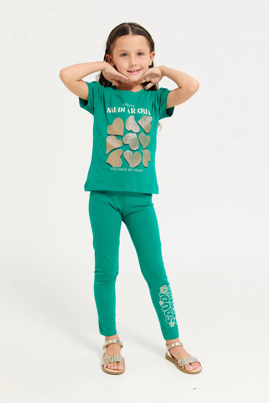 Girls Green Saudi Arabia Printed Leggings