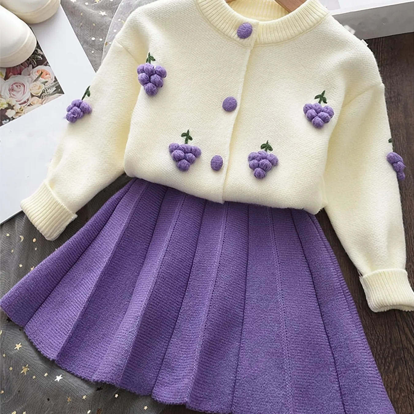 Girls Knit Cardigan Sweater & Pleated Skirts Set Baby Kids Clothes For Spring Fall