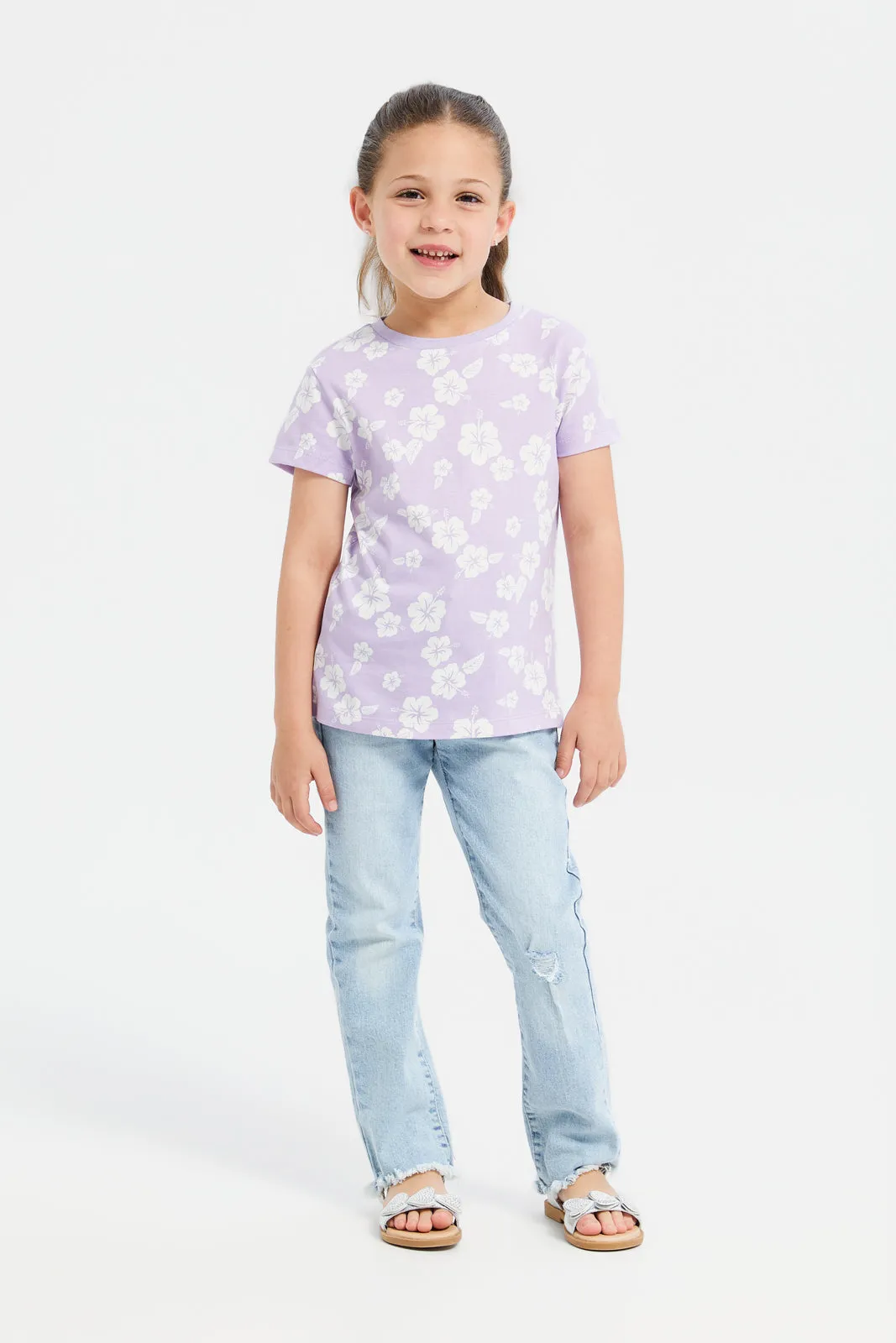 Girls Lilac Floral Print T-Shirt