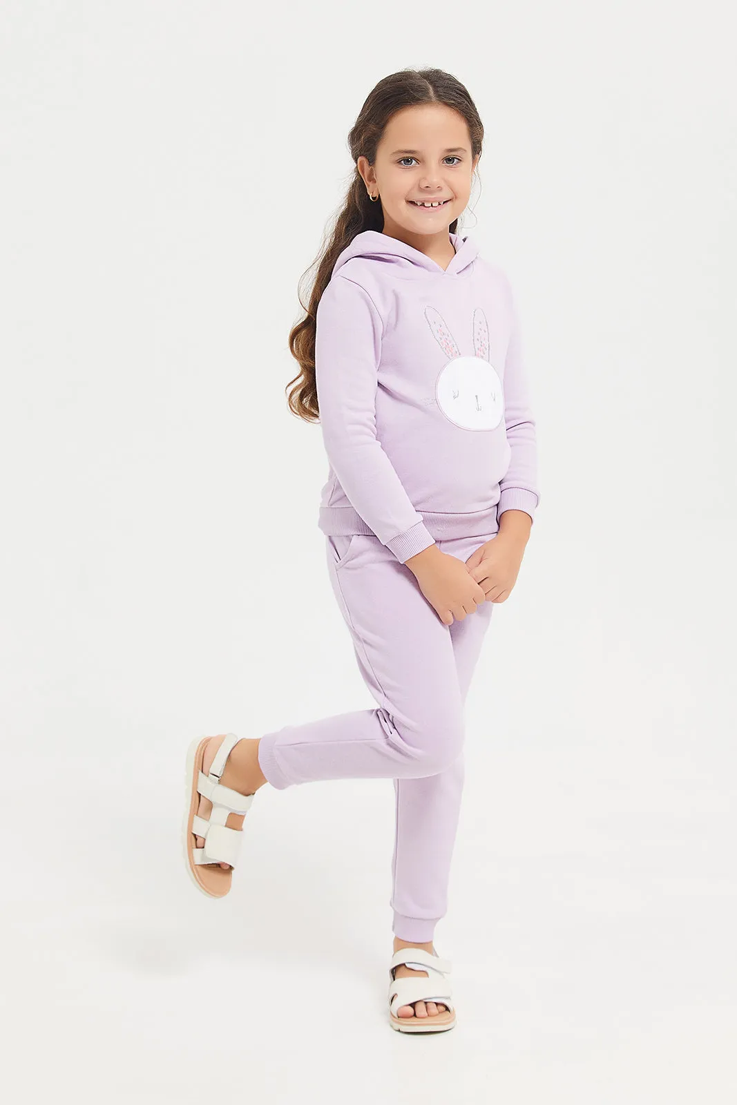 Girls Lilac Placement Print Hooded Sweatshirt