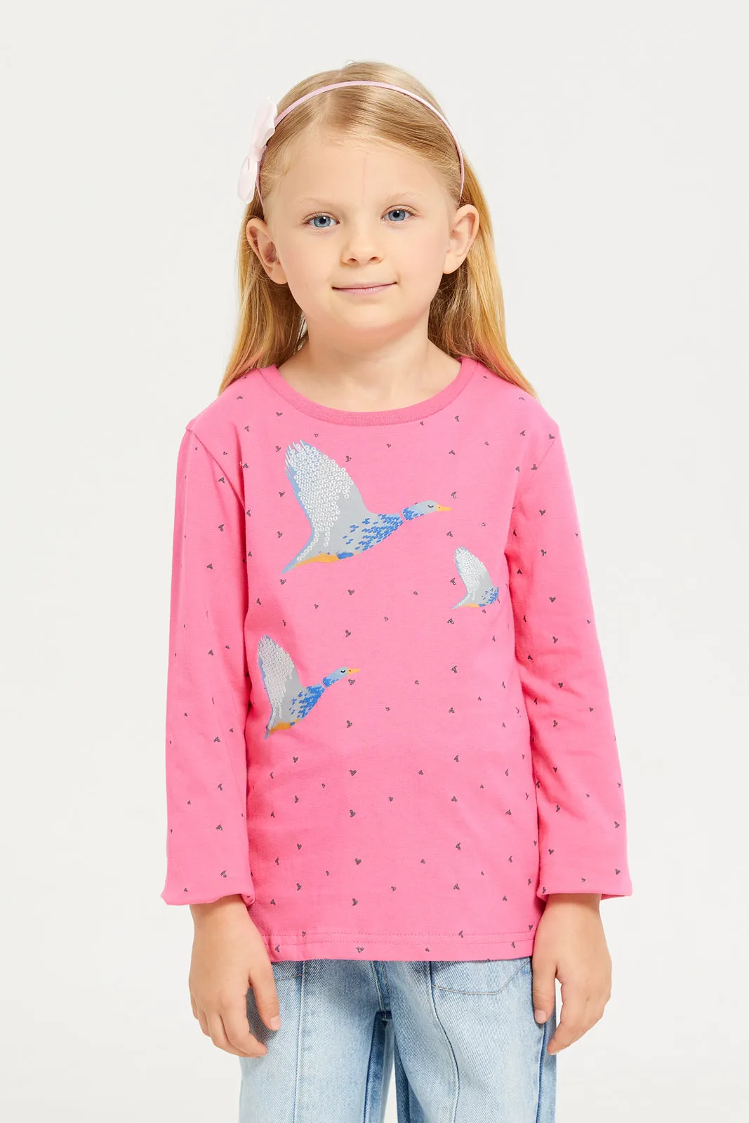 Girls Pink Birds Printed T-Shirt