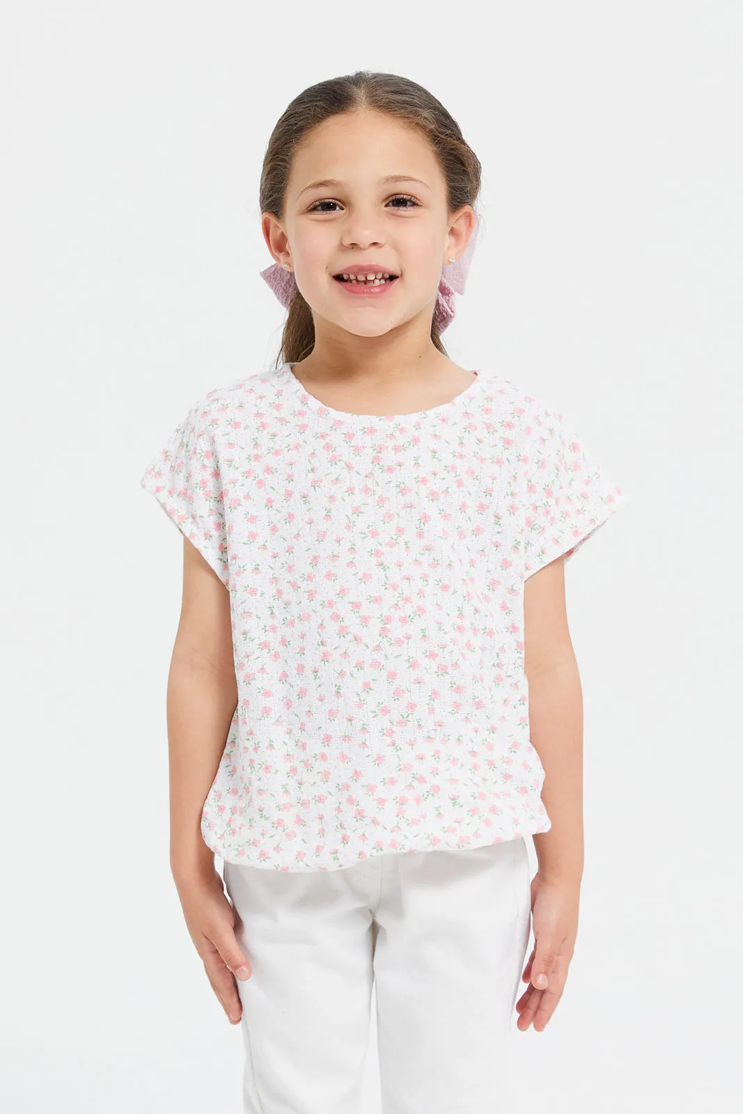 Girls White Textured Elasticated Waist Top