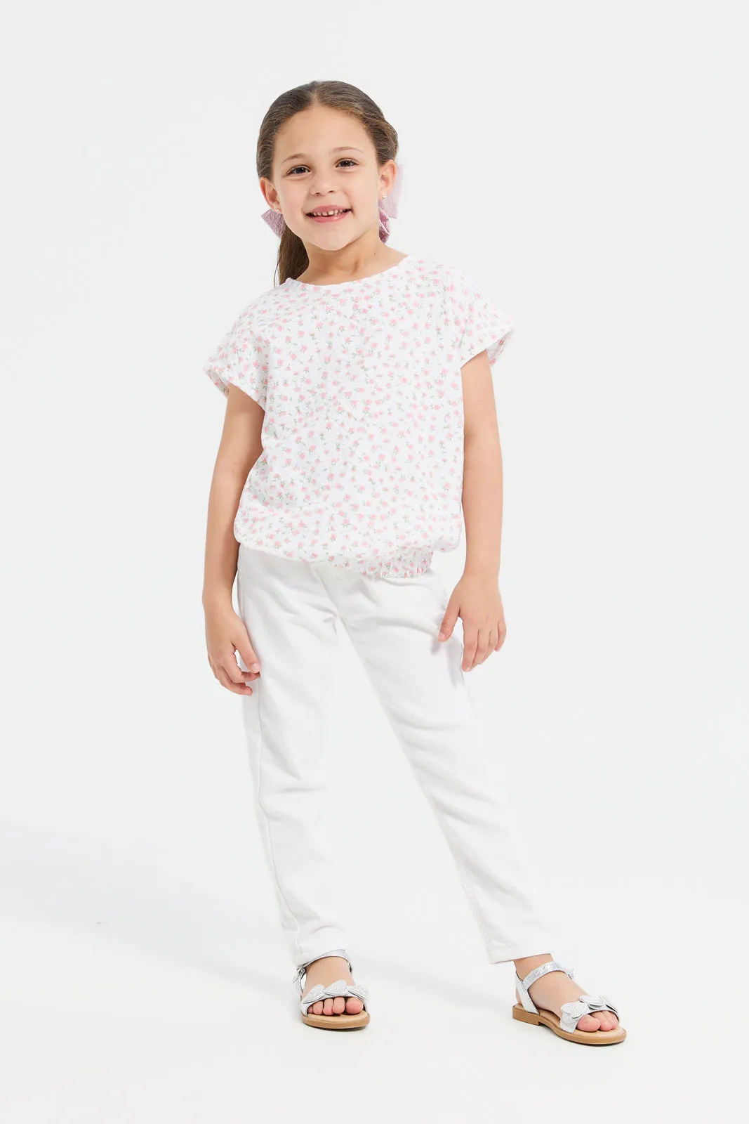 Girls White Textured Elasticated Waist Top