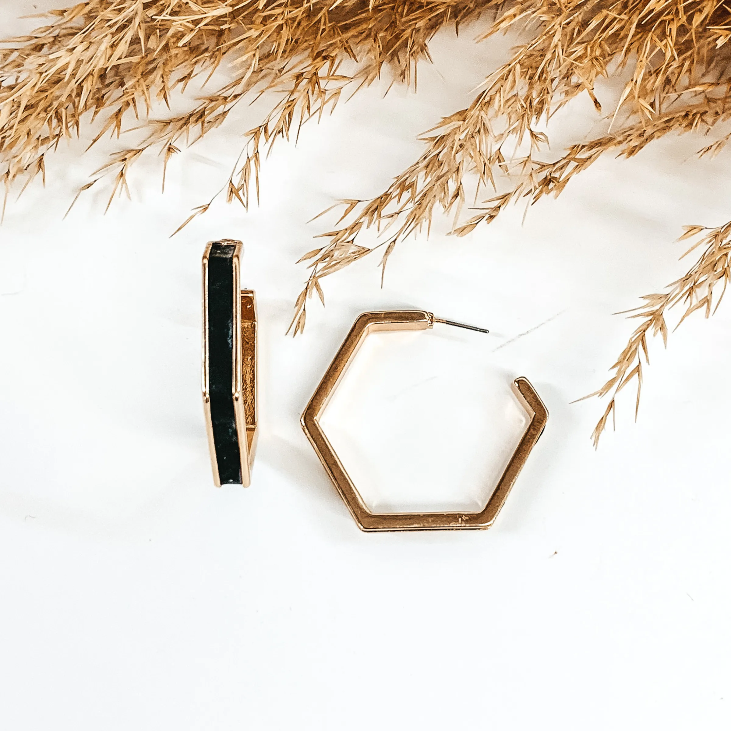 Gold Hexagon Hoops with Leather Inlay in Black