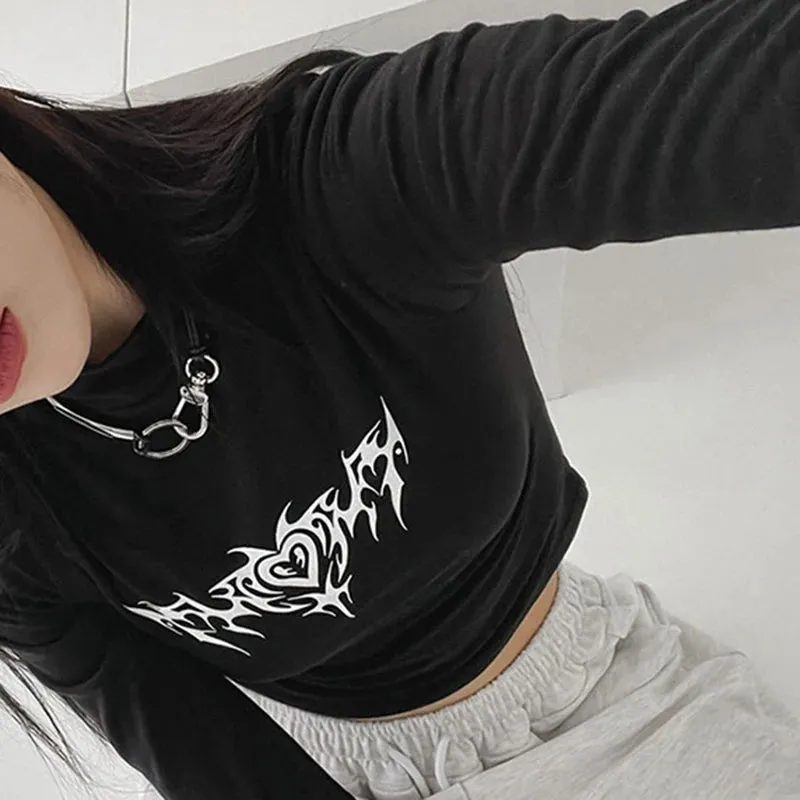 Gothic Dark Print Skinny Autumn Tshirts Female Y2K Harajuku Chain Basic Turtleneck Tee Cropped Tops Slim Long Sleeve