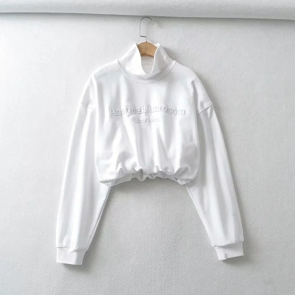 Graduation Gifts Turtleneck Long Sleeve Short Open Navel Pullover Sweatshirt Letter Embroidered Loose With Ruched Tops 9N2W