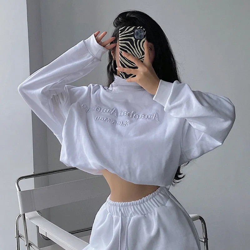 Graduation Gifts Turtleneck Long Sleeve Short Open Navel Pullover Sweatshirt Letter Embroidered Loose With Ruched Tops 9N2W