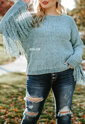 Gray Plus Size Fringed Long Sleeve Knit Sweater