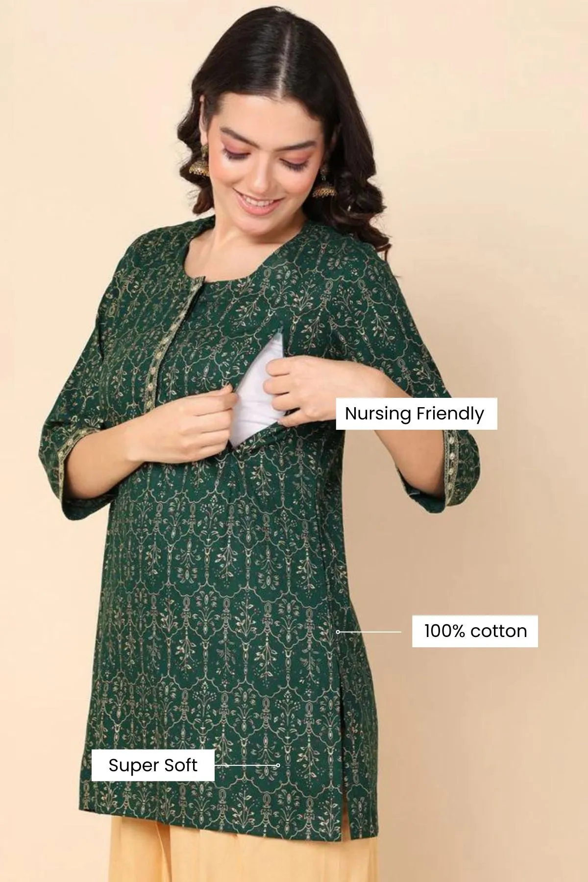 Green Maternity & Feeding Short Top with Pocket