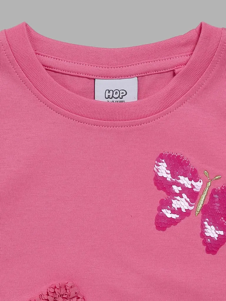 HOP Kids Pink Butterfly Sequen Detail Top