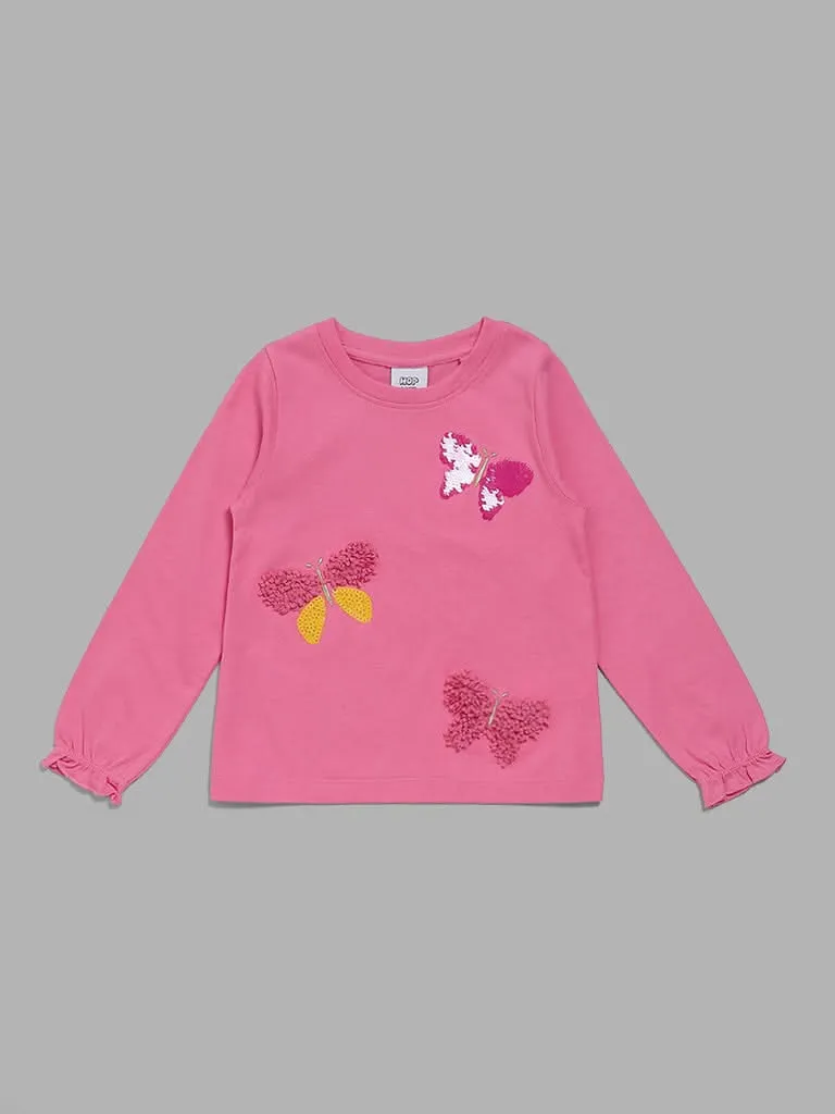 HOP Kids Pink Butterfly Sequen Detail Top