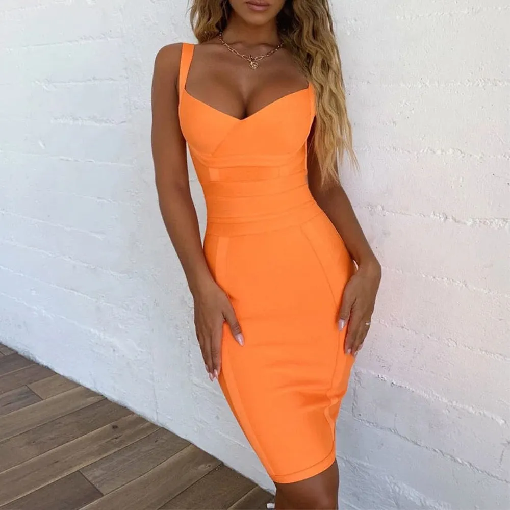 Hot Sexy Bandage Trending Spaghetti Strap Women Orange Bandage Dress Bodycon Evening Party Dress