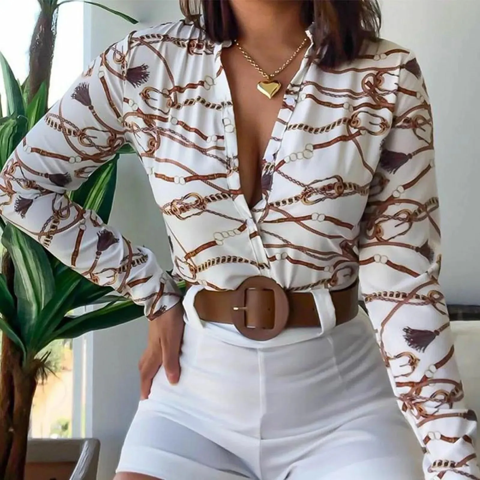 Irregular Print V-Neck Pocket Long Sleeve Women's Blouse