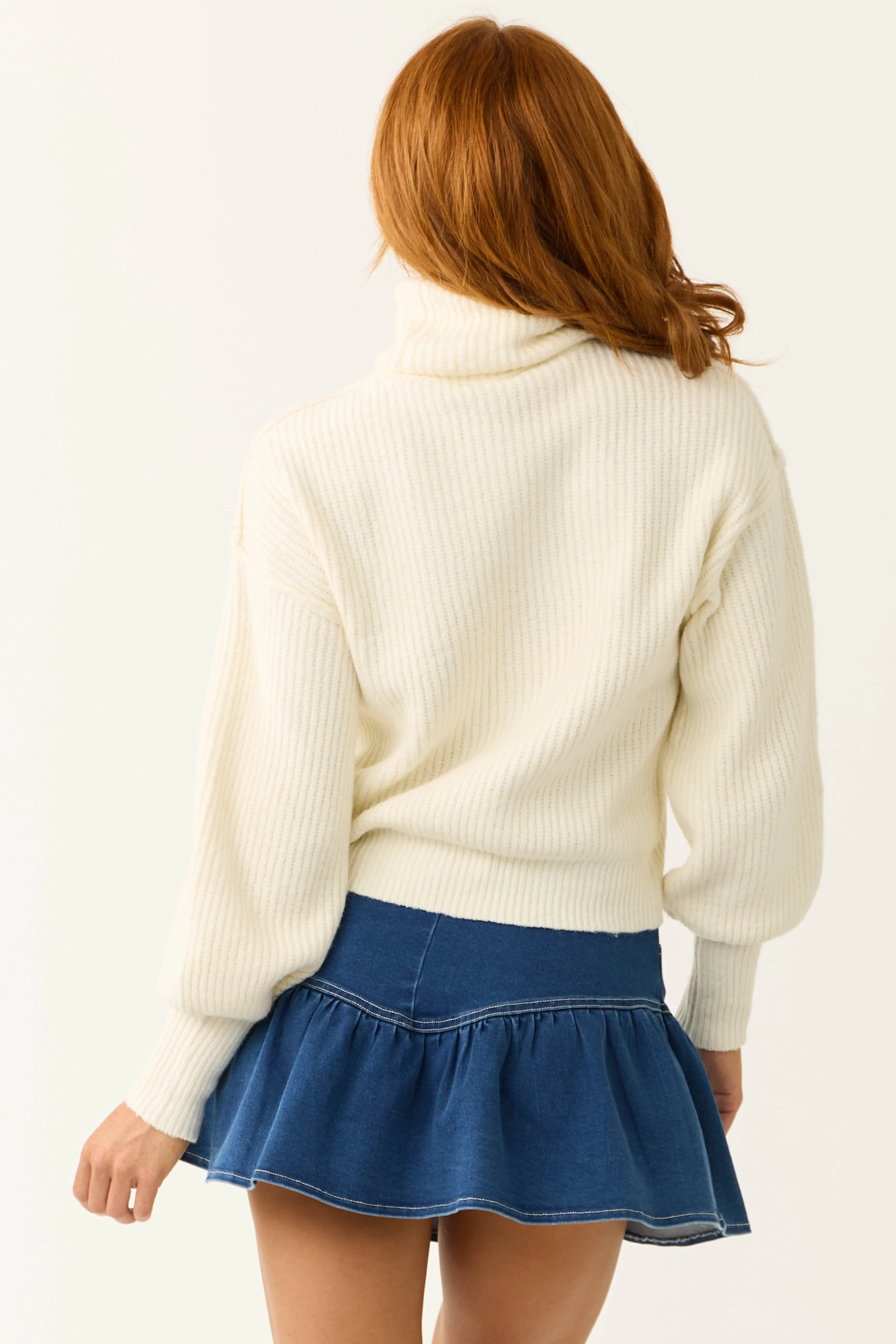 Ivory Turtleneck Bubble Sleeve Sweater