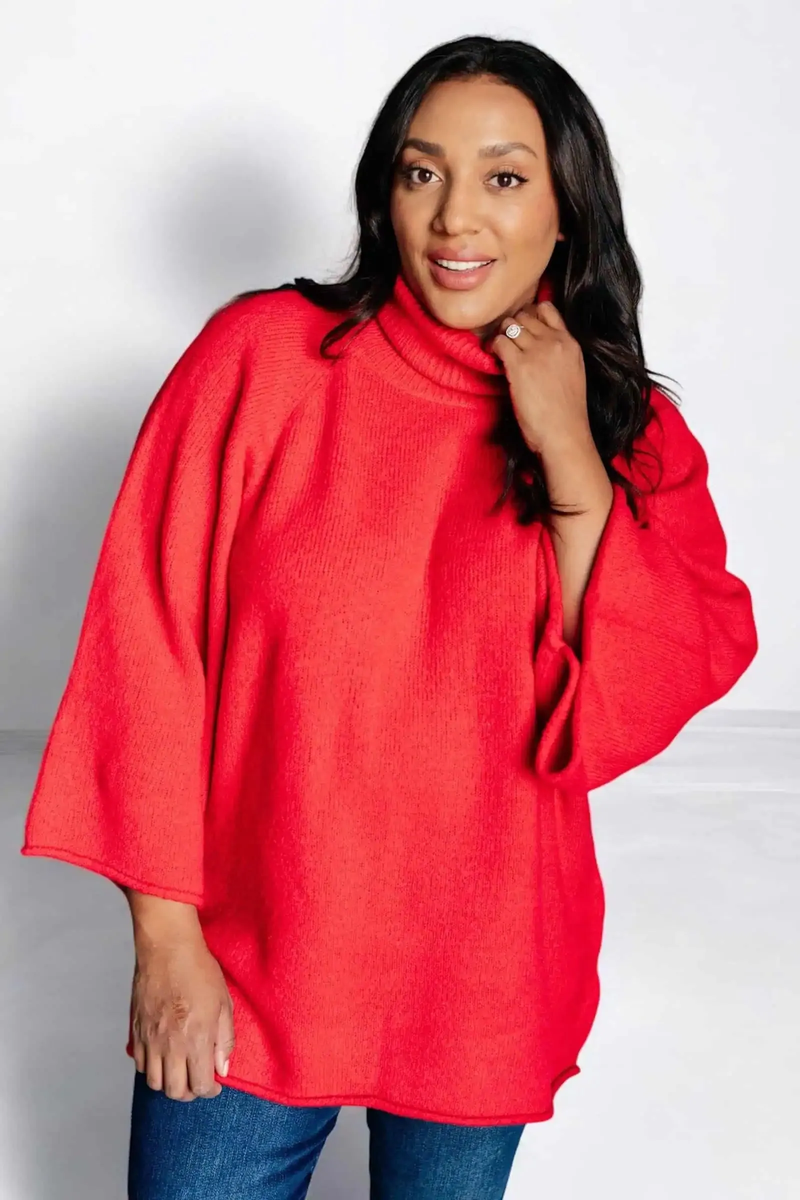 Jodifl 3/4 Sleeve Red Turtleneck Sweater