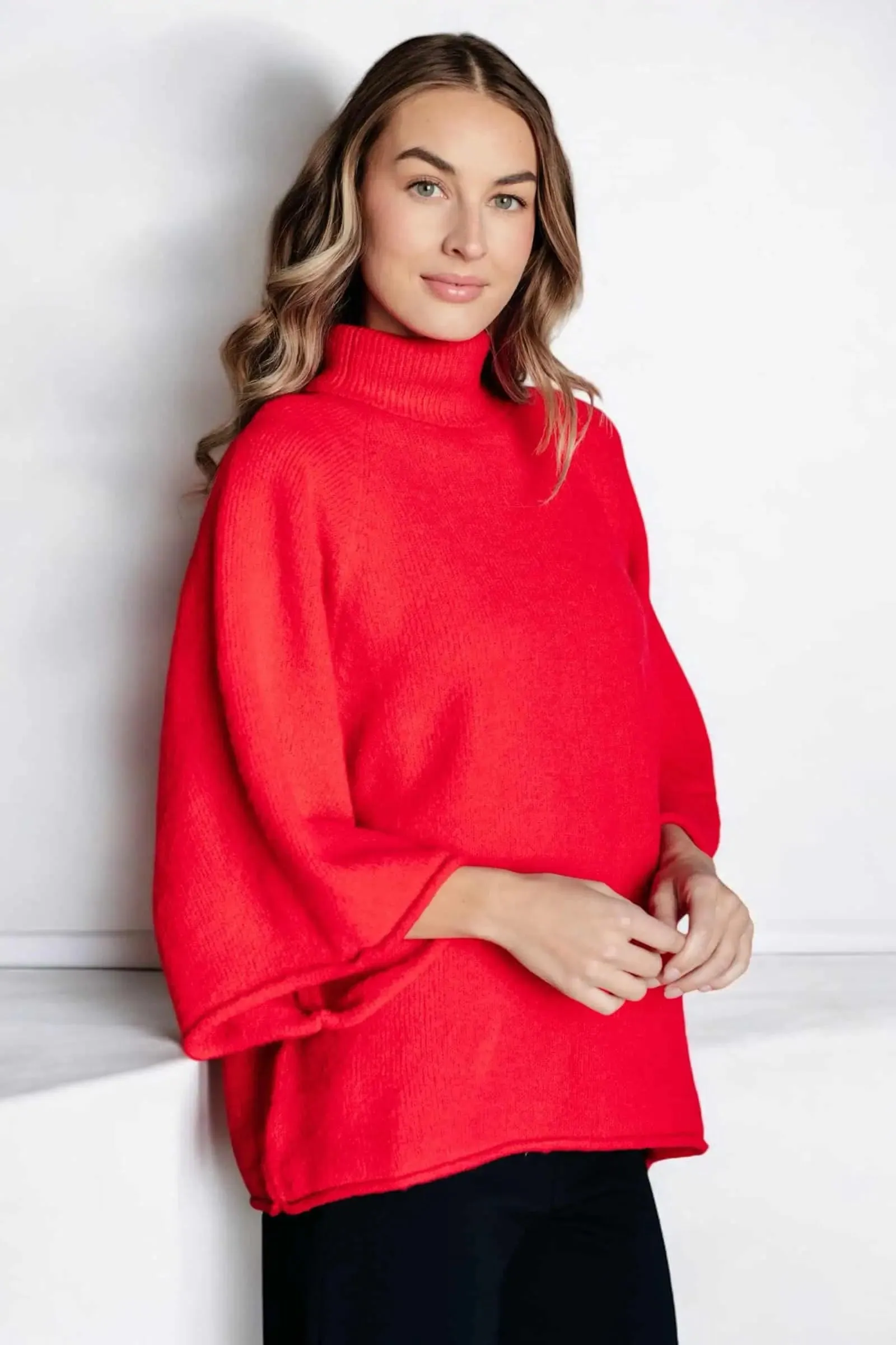 Jodifl 3/4 Sleeve Red Turtleneck Sweater