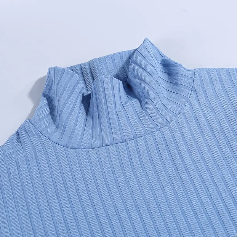 Knee-Length Cotton Ribbed Knitted Turtleneck Dress