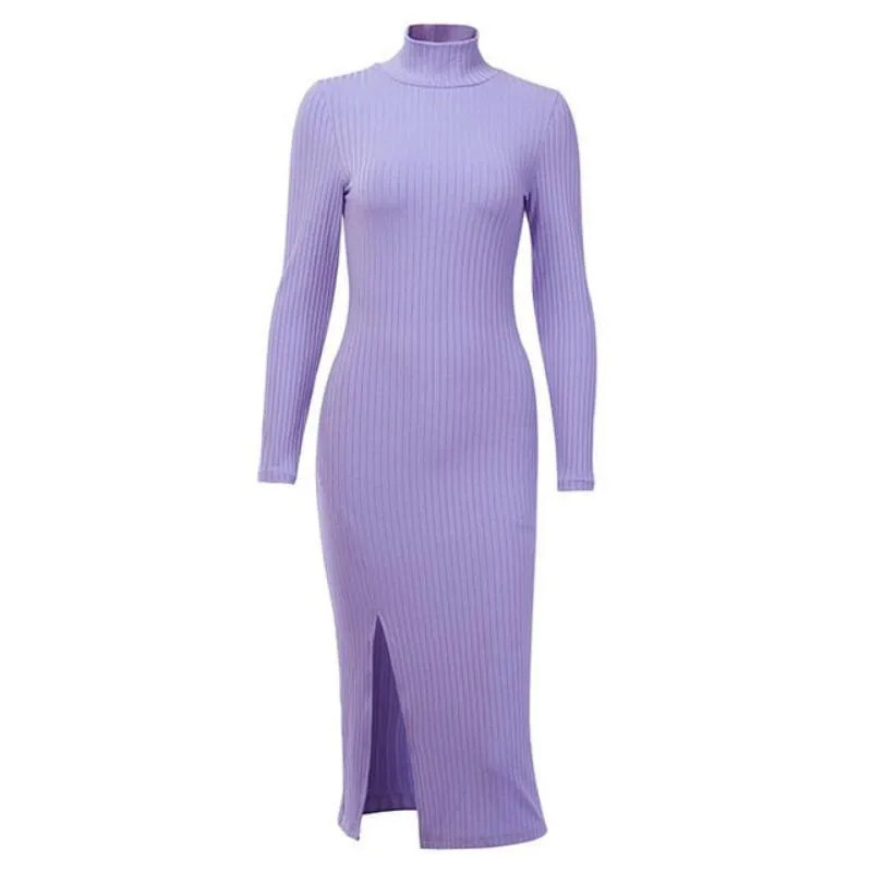 Knee-Length Cotton Ribbed Knitted Turtleneck Dress