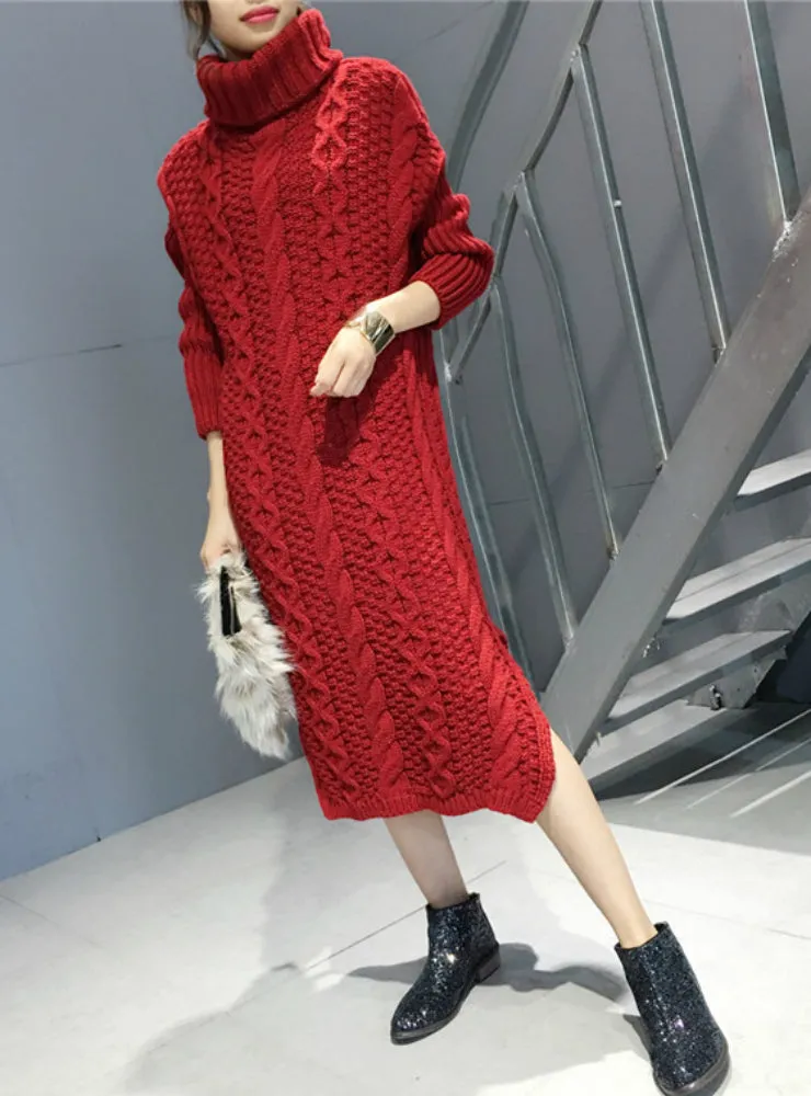 Knitted Dress Turtleneck Long Sleeve Women Warm Long Sweater Dress