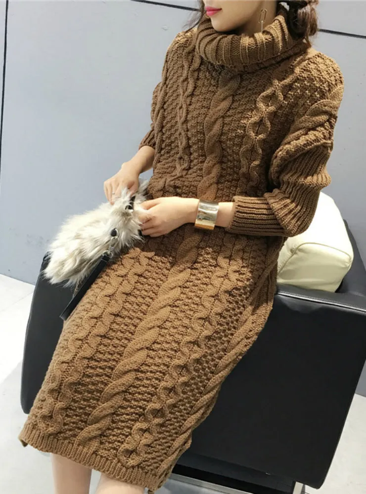 Knitted Dress Turtleneck Long Sleeve Women Warm Long Sweater Dress