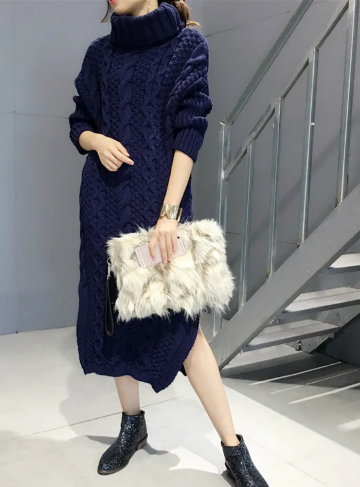 Knitted Dress Turtleneck Long Sleeve Women Warm Long Sweater Dress