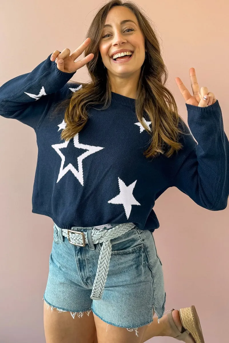 Knitted Navy Blue Star Drop Shoulder Sweater