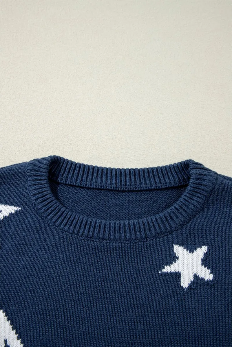 Knitted Navy Blue Star Drop Shoulder Sweater