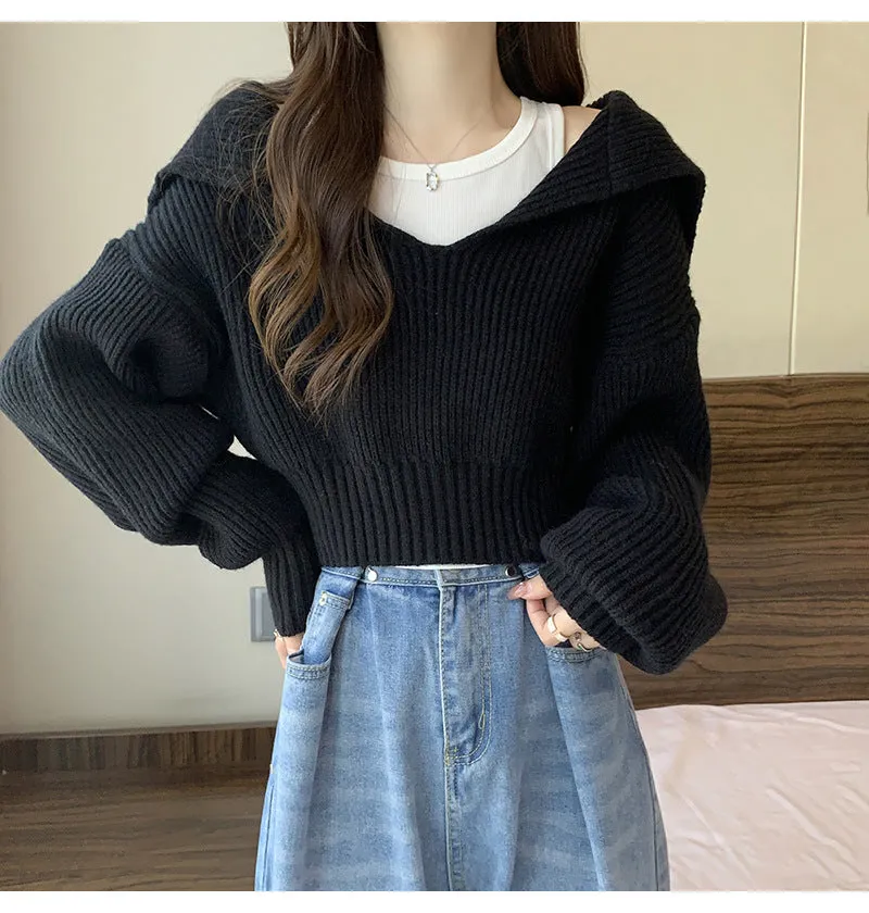 Korean Lazy Wind Sweater Women's Winter New College Style Age Reduction Design Sense Short Knitted T-Shirt Two-piece Set