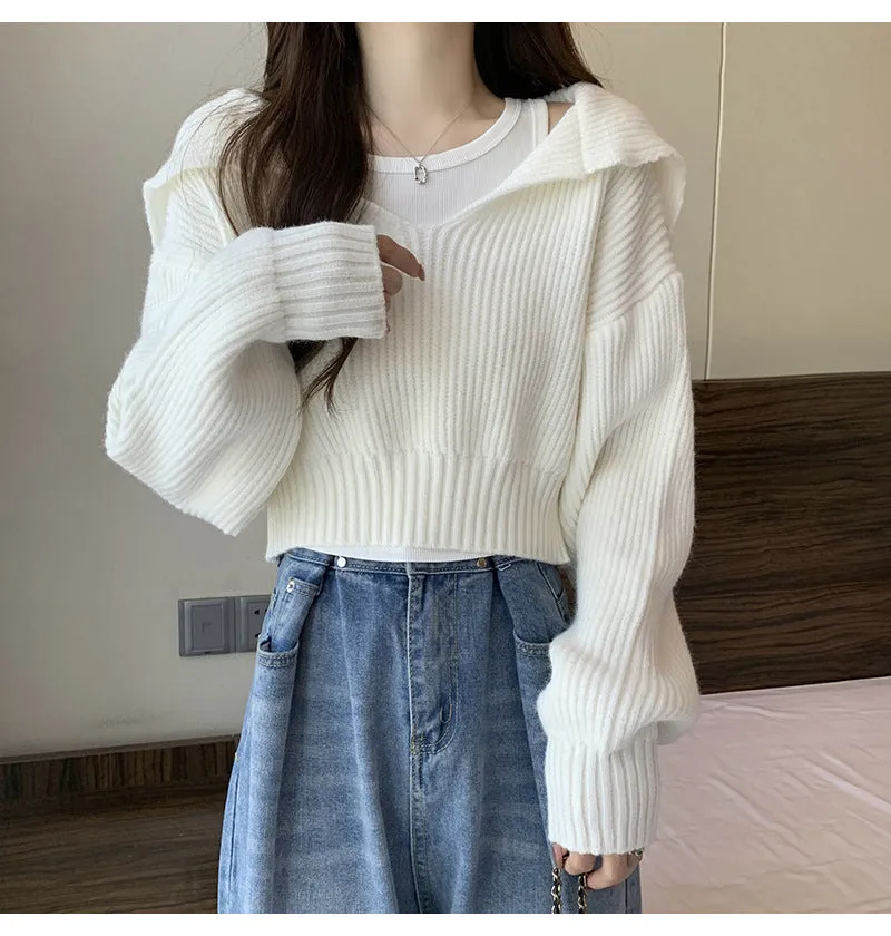 Korean Lazy Wind Sweater Women's Winter New College Style Age Reduction Design Sense Short Knitted T-Shirt Two-piece Set