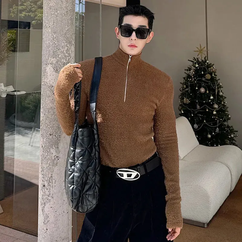 Korean Style Men's T-shirt Tight Shoulder Pad Zipper Turtleneck Pullover Casual Male Fleece Top Autumn Stylish 9C3855