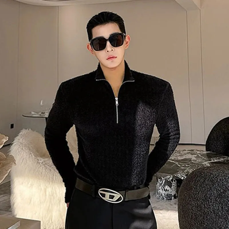 Korean Style Men's T-shirt Tight Shoulder Pad Zipper Turtleneck Pullover Casual Male Fleece Top Autumn Stylish 9C3855