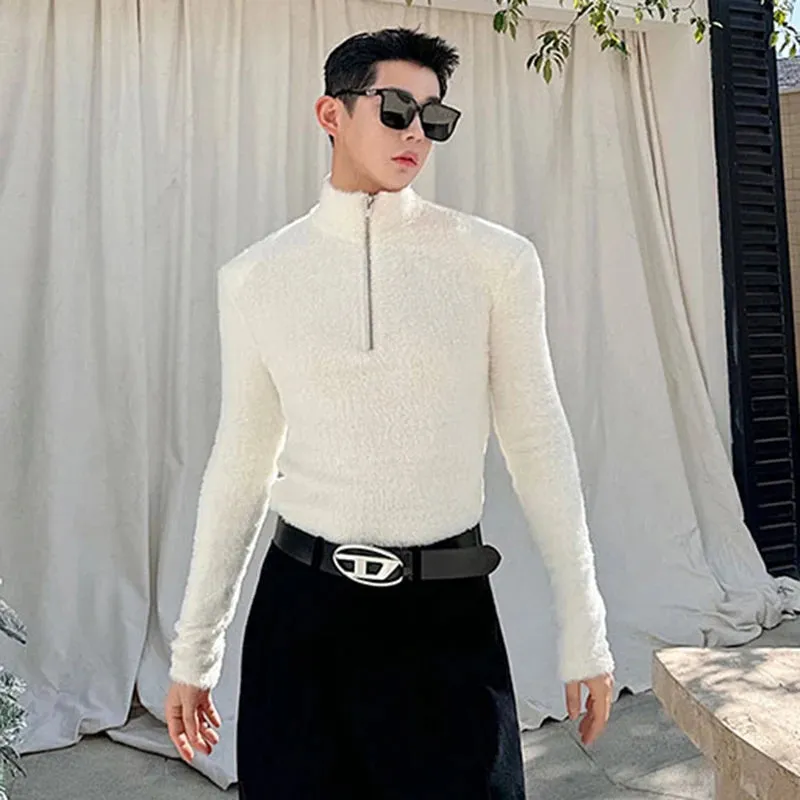 Korean Style Men's T-shirt Tight Shoulder Pad Zipper Turtleneck Pullover Casual Male Fleece Top Autumn Stylish 9C3855