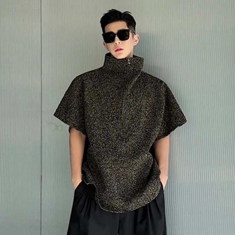 Korean Style Men's T-shirt Turtleneck Maillard Herringbone Fabric Bat Short Sleeve Zippered Male Top Spring 9C5067