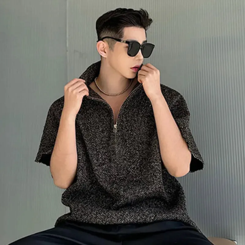 Korean Style Men's T-shirt Turtleneck Maillard Herringbone Fabric Bat Short Sleeve Zippered Male Top Spring 9C5067