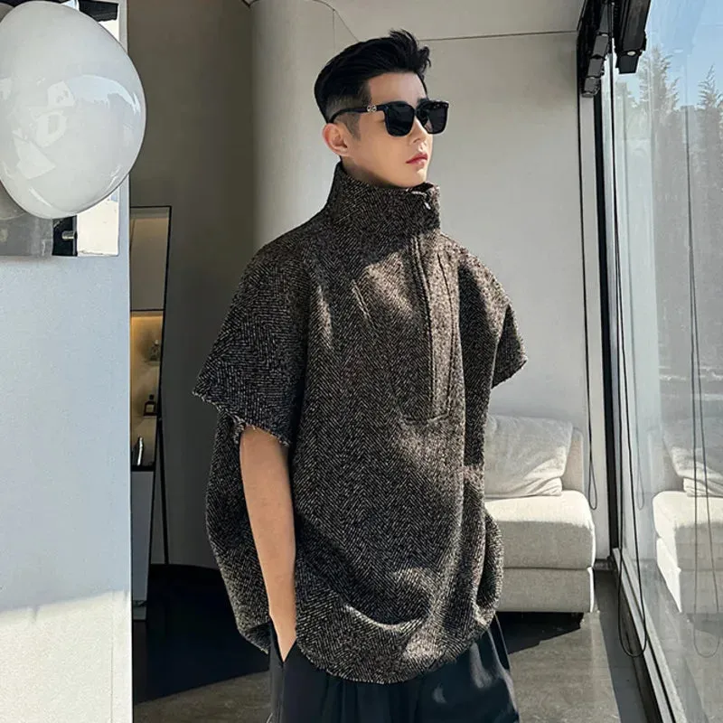 Korean Style Men's T-shirt Turtleneck Maillard Herringbone Fabric Bat Short Sleeve Zippered Male Top Spring 9C5067