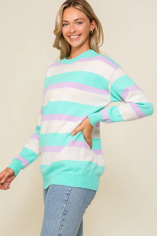 Lavender Combo Long Sleeve Round Neck Striped Over Sized Sweater