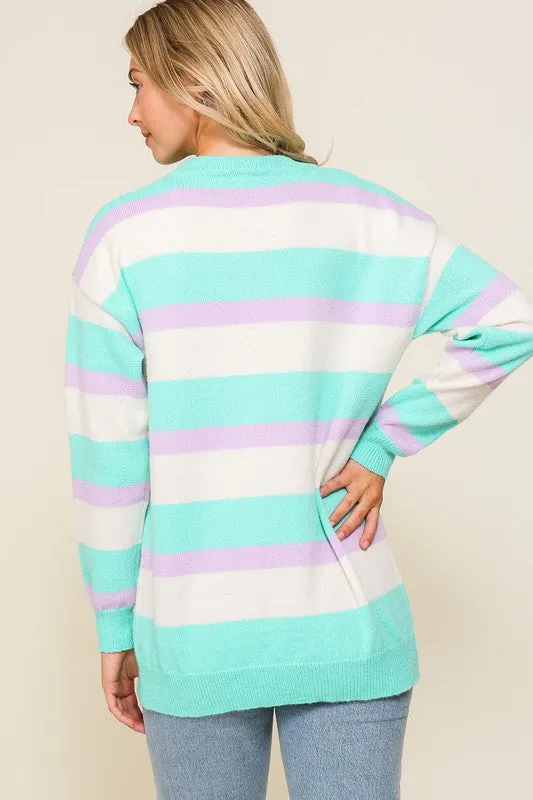 Lavender Combo Long Sleeve Round Neck Striped Over Sized Sweater