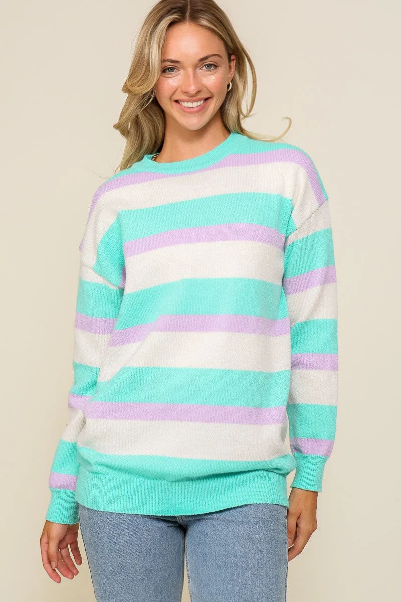 Lavender Combo Long Sleeve Round Neck Striped Over Sized Sweater