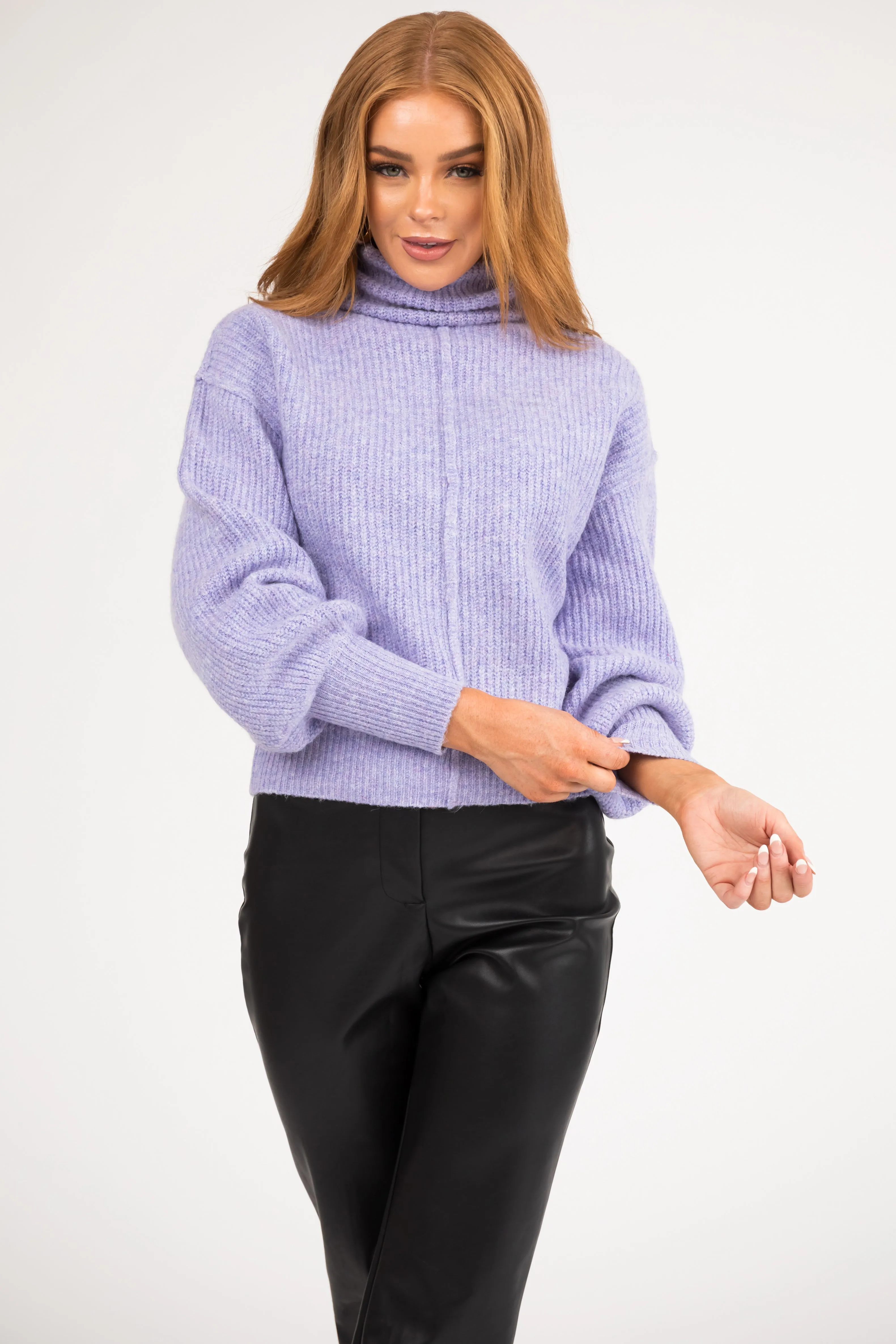 Lavender Turtleneck Bubble Sleeve Sweater