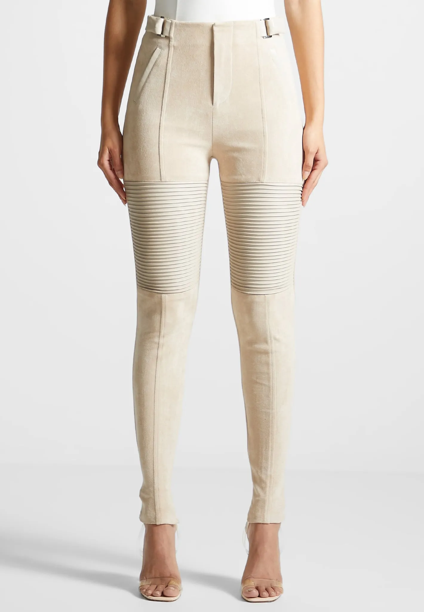 Leather and Suede Ribbed Leggings - Beige