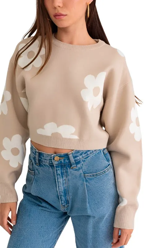 Long Sleeve Crop Sweater with Daisy Pattern