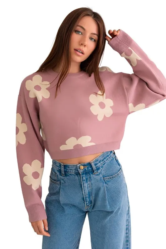 Long Sleeve Crop Sweater with Daisy Pattern