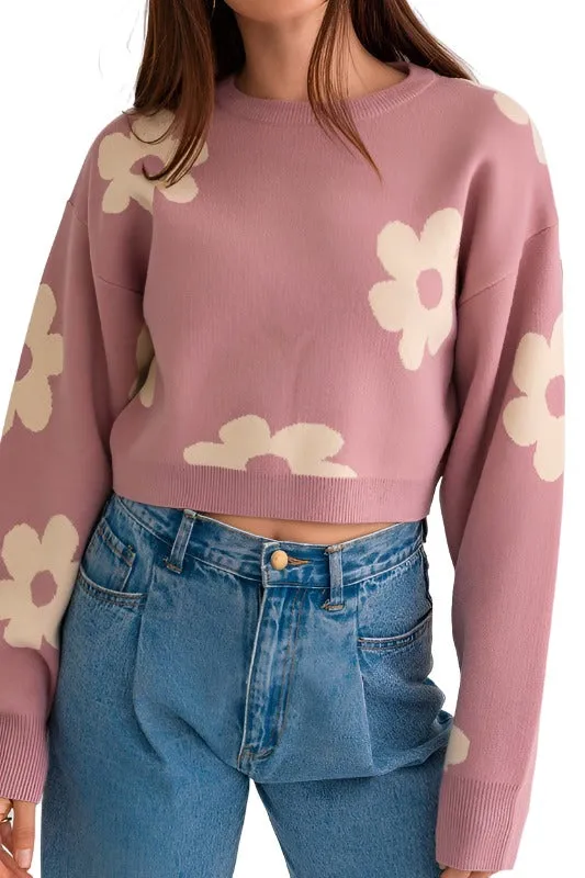 Long Sleeve Crop Sweater with Daisy Pattern