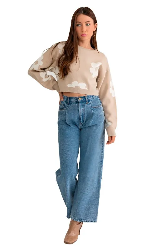 Long Sleeve Crop Sweater with Daisy Pattern