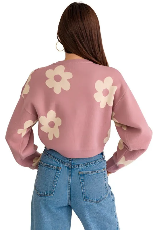 Long Sleeve Crop Sweater with Daisy Pattern