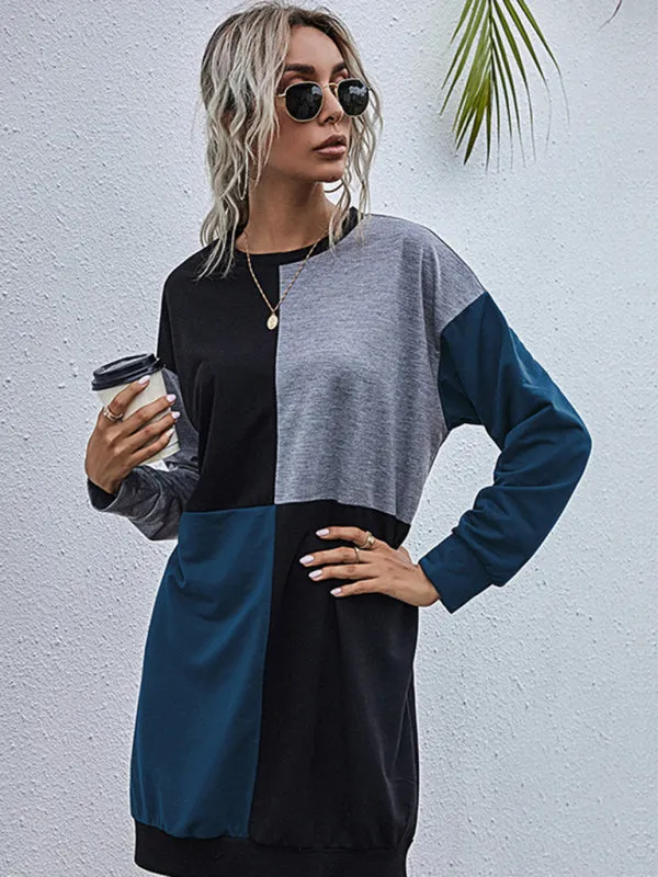 Long-sleeved color block round neck casual sweater dress